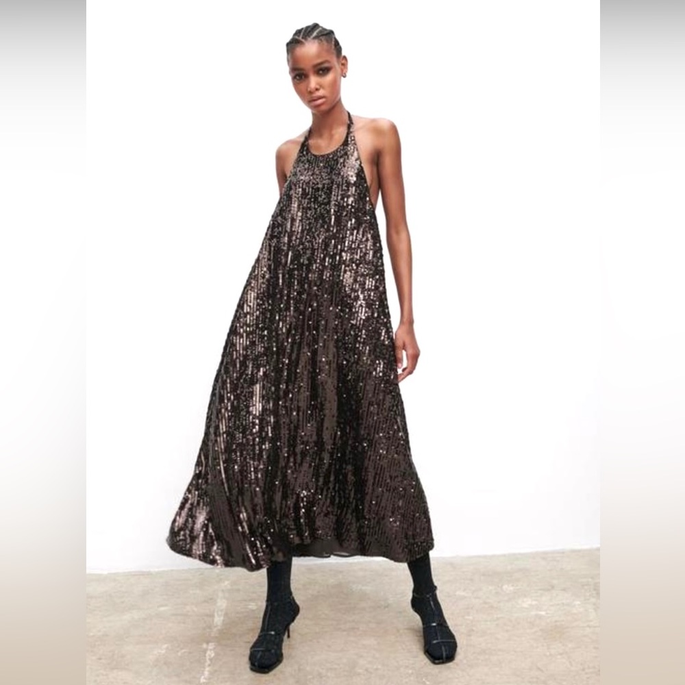 Zara NWT Sequin Halter Dress Sz XS in Chocolate Bronze